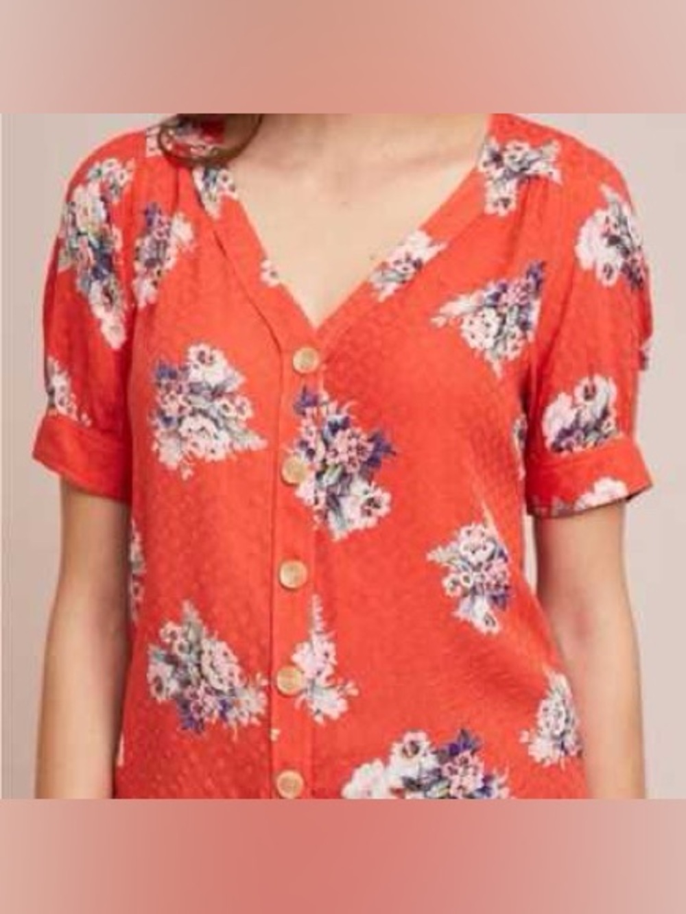 Anthropologie Maeve Hansley Orange Textured Floral V-Neck Button-Down Blouse GUC - Picture 14 of 16
